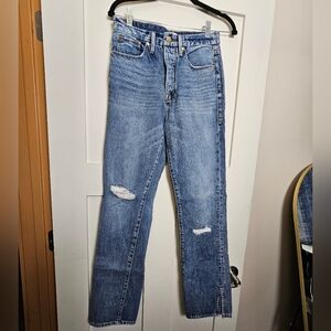 Good American Classic Distressed Straight-Leg Blue Jeans